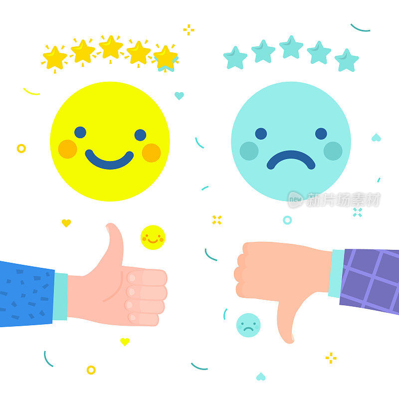 Hand with thumbs down and thumbs up to rating stars. Flat design